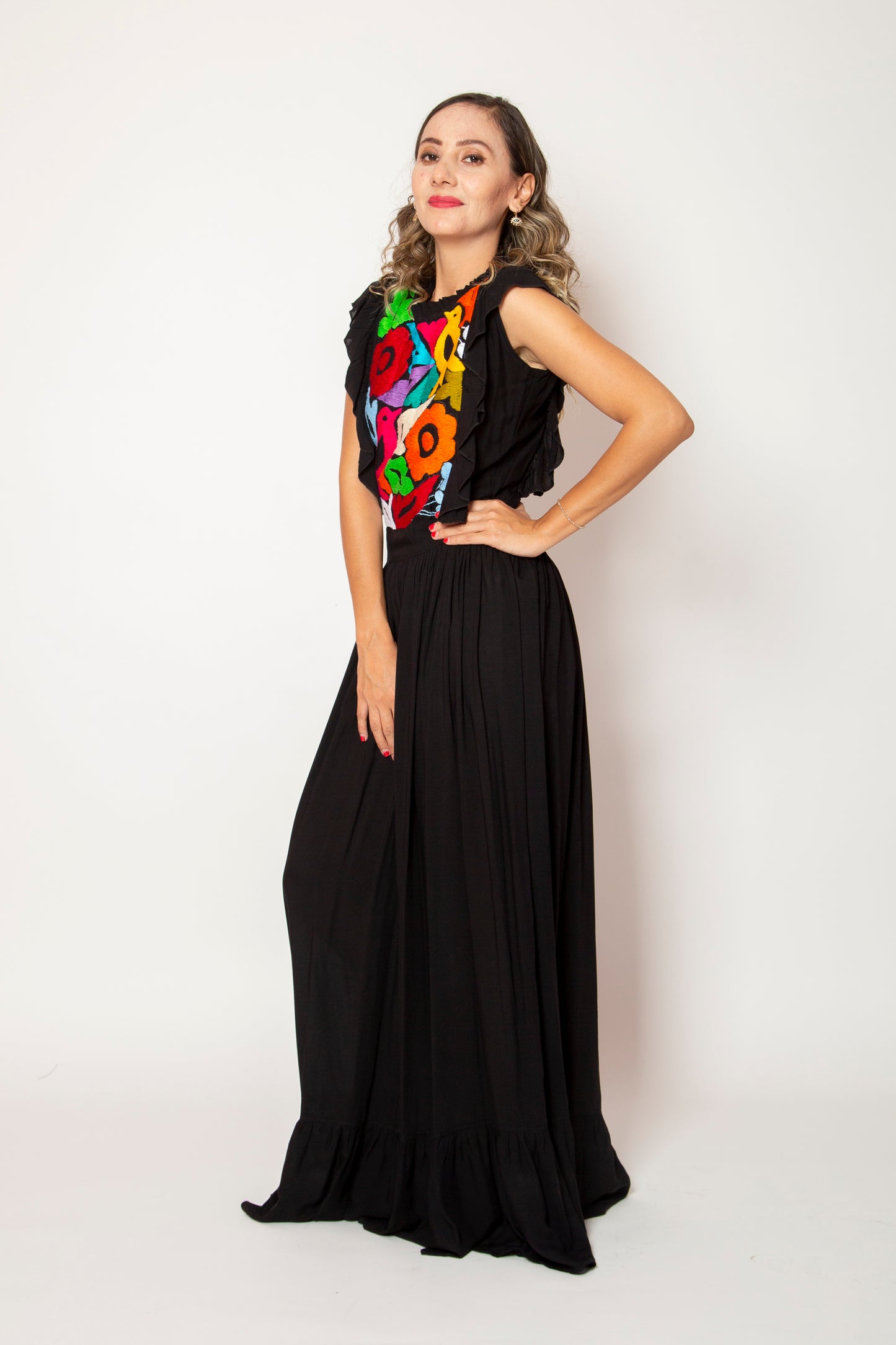 Vestido Ana Elena Bordado Tuxtepec Negro / Multicolor