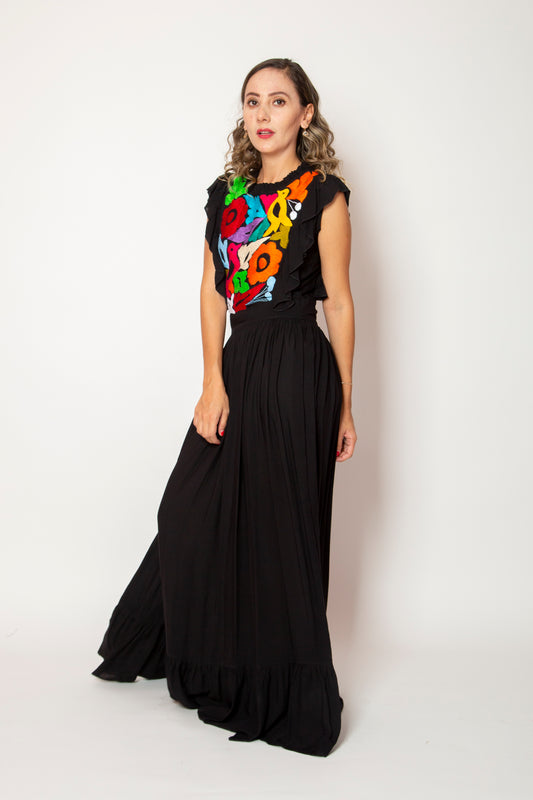 Vestido Ana Elena Bordado Tuxtepec Negro / Multicolor